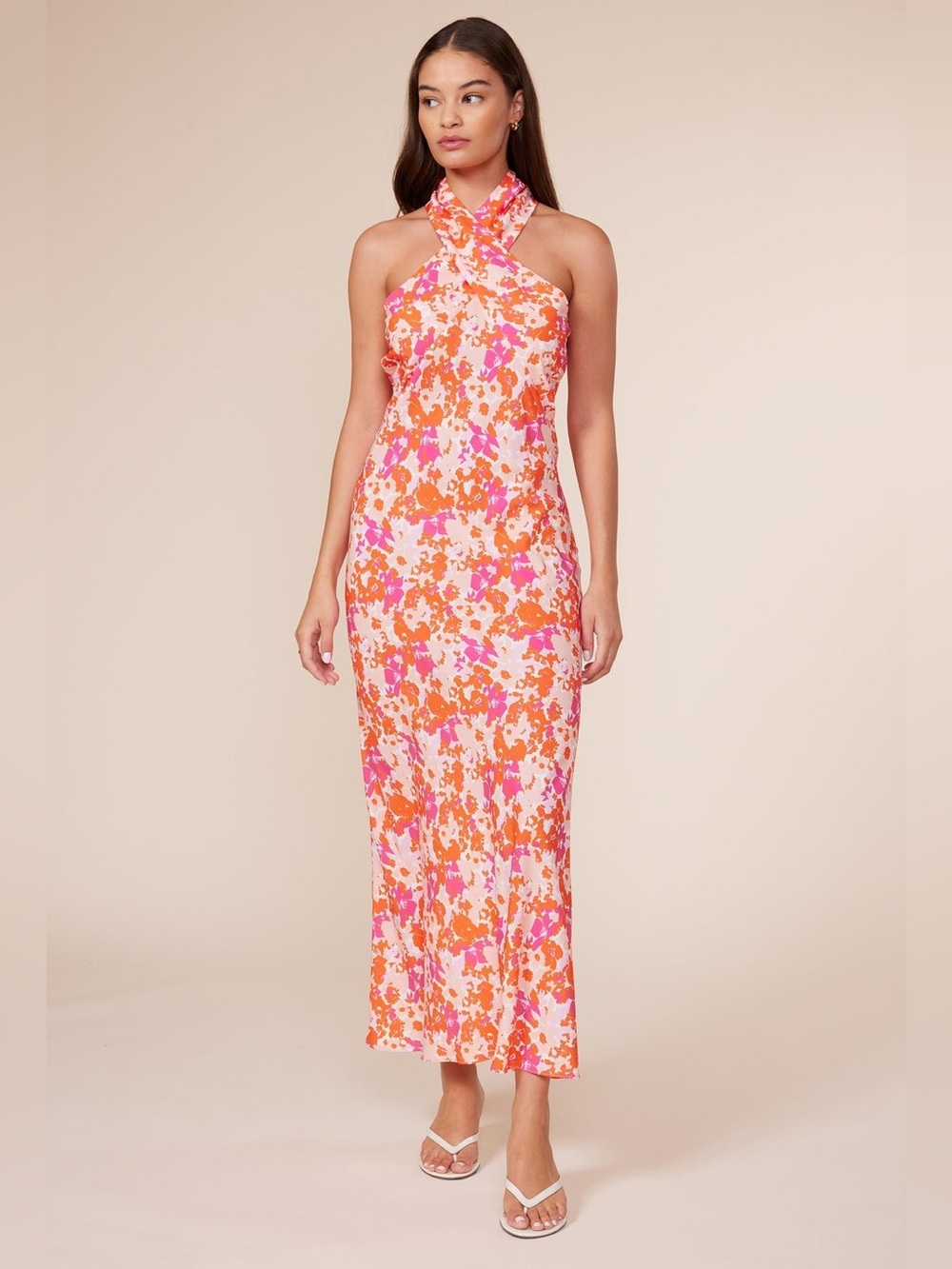Lucy Paris Pink & Orange Floral Halter Maxi Dress